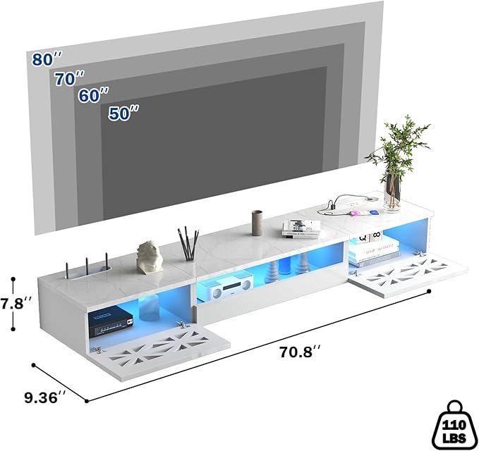 Floating TV Stand, Floating Wall Mounted TV Shelf Modern High Gloss tv Cabinet - Image 6