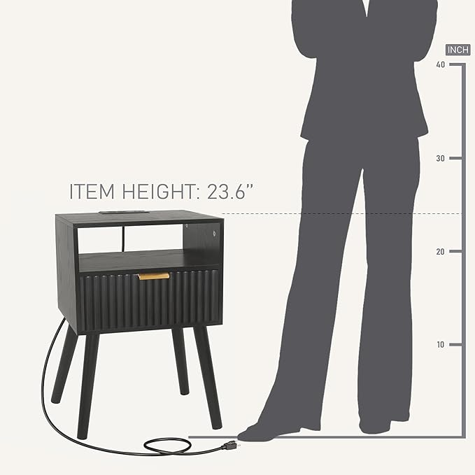 Black Nightstand with Charging Station, Mid Cetury Modern Nightstand with - Image 7