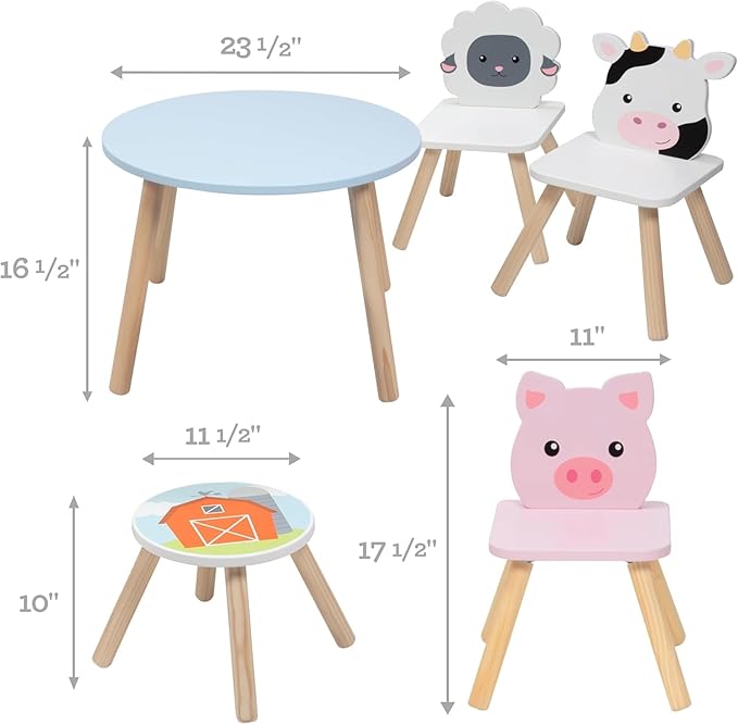 Kids Wooden Animal Table & Chair Set w 4 Seats- Cow Pig Sheep Plus Adult Stool - Image 4