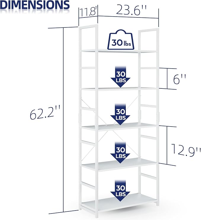 NUMENN 5 Tier Bookshelf, Tall Bookcase Shelf Storage Organizer, Modern Book - Image 3