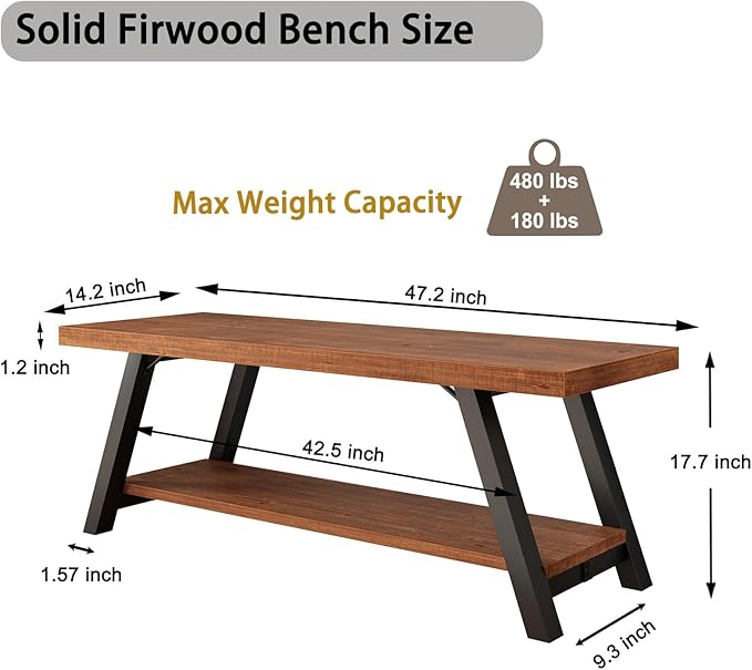 IBF Solid Wood Entryway Bench, Natural Real Wood Storage Bench, Farmhouse - Image 2