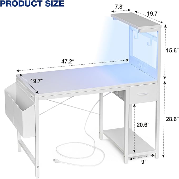 Gaming Desk 47 Inch with Power Outlet and LED Light, Computer Desk with - Image 3