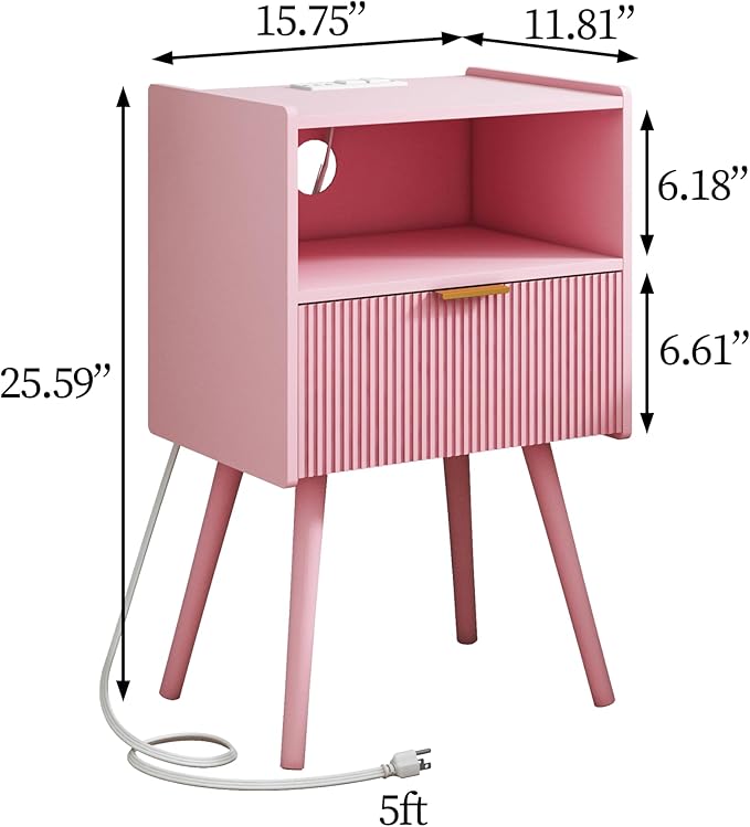 Nightstand with Oultlet, Modern Bedside Table with Storage Drawer and Open Wood - Image 2
