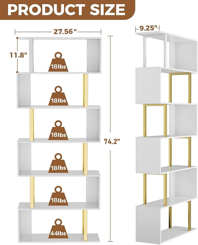 Gadroad 6-Tier Geometric Bookcase, S Shaped Bookshelf, Wood Decorative Storage - Image 3