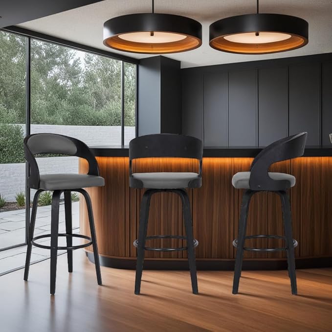 Armen Living Shelly 30" Bar Height Swivel Gray Faux Leather and Black Wood Bar - Image 2