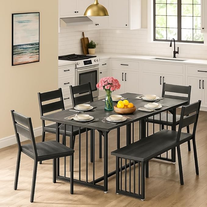 DWVO 63 Inch Dining Table Set for 6-8 People 6-Piece Large Kitchen Table Set - Image 6