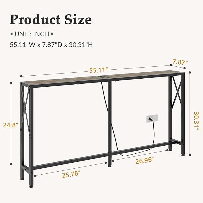 Sofa Table with Oulets and USB Ports, 55.1" Couch Table Behind Sofa, Industrial - Image 3