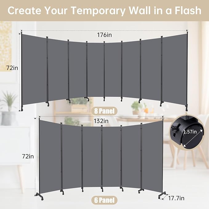 Room Divider 8 Panel Room Dividers/Wheels, Fabric Room Divider Panel - Image 6
