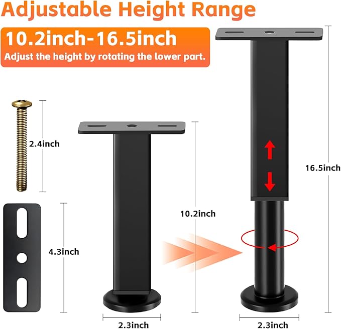 2PCS Adjustable Height Bed Support Legs, 10.2-16.5In, Metal Heavy Furniture Legs - Image 3