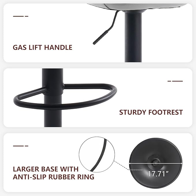 Kidol & Shellder Bar Stools Set of 2 Adjustable Swivel Gray, PU Leather - Image 4