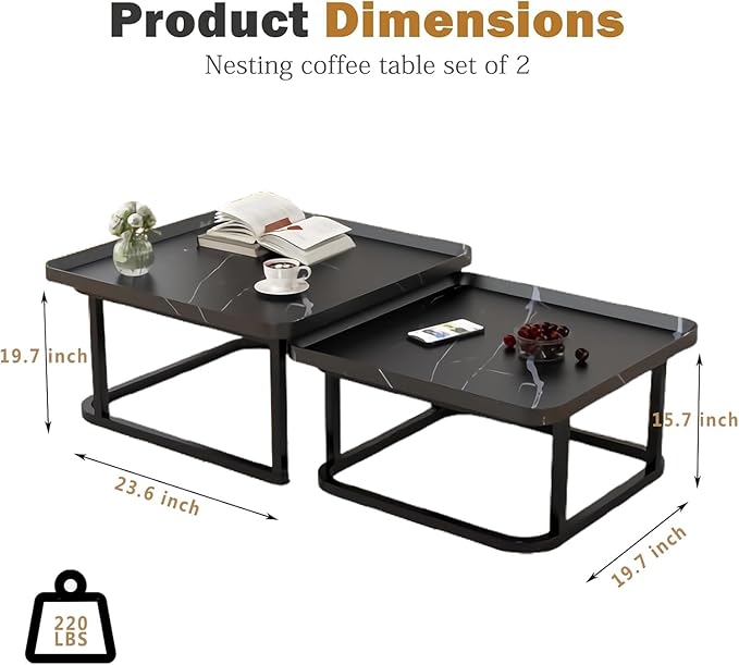 Square Nesting Coffee Table Set of 2, 23.6"+19.7" Nesting Tables, Small Square - Image 2