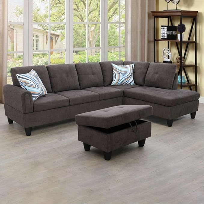 Dark Brown L-Shaped 3-Piece Flannel Sofa by Unknown