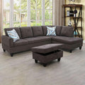 Dark Brown L-Shaped 3-Piece Flannel Sofa by Unknown