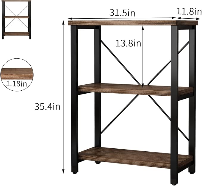 3 Tier Industrial Solid Wood Bookcases, Open Etagere Bookshelf - Image 2