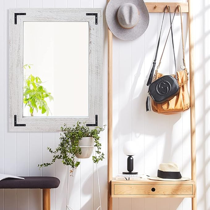 YOSHOOT Rustic Wooden Framed Wall Mirror, Natural Wood Bathroom Vanity Mirror - Image 4