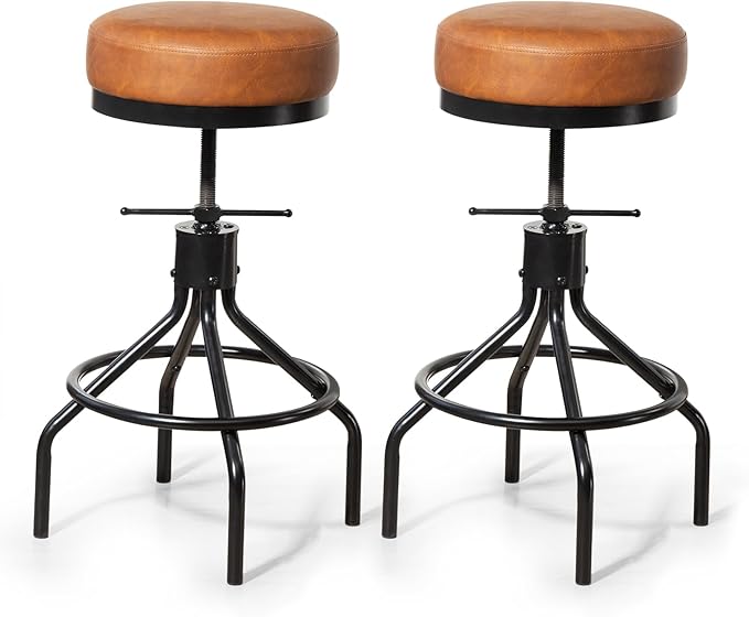 Industrial Bar Stools Set of 2 Adjustable Swivel Round Barstools Modern PU by Unknown