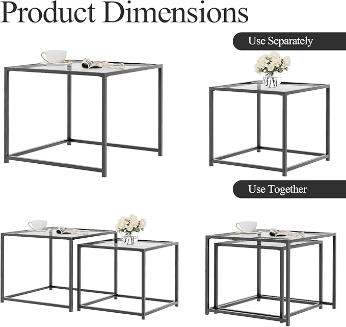 VILAWLENCE Coffee Table Set of 2, Modern Grey Glass Side Table, Metal Frame - Image 7