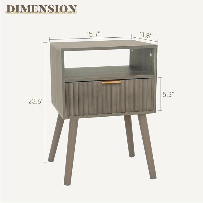 Grey Nightstand, Modern Night Stand Wood, Fluted Bedside Table - Image 4