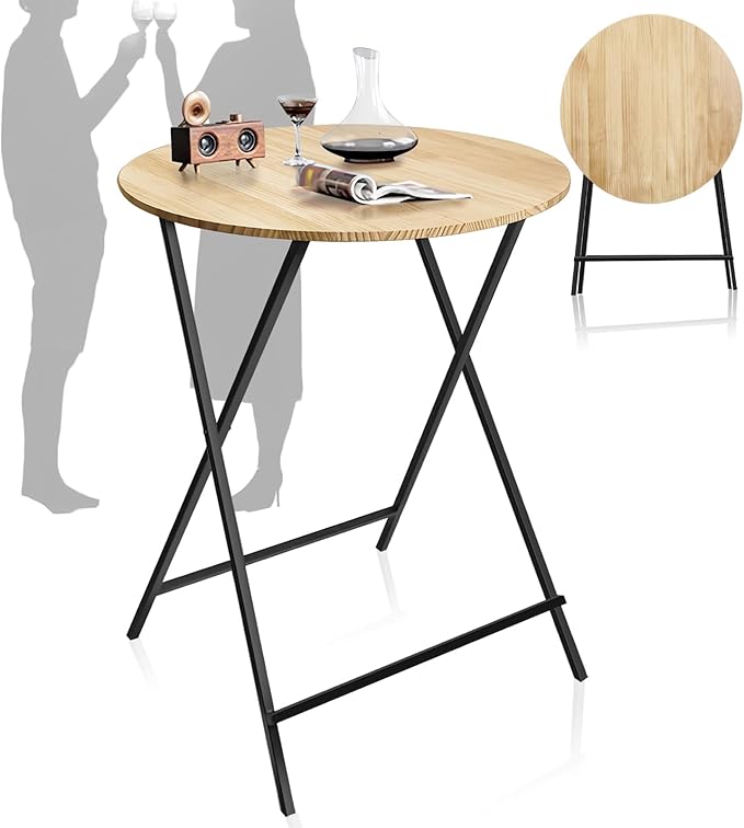 Outdoor Bar Height Table Wood 44.6'' Height, 31.5'' Round Folding Cocktail by DAYOOH