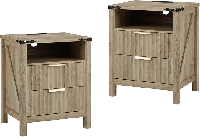 Fluted Nightstand with Charging Station Set of 2-20 Inch Wide Farmhouse Bedside by BuildHom