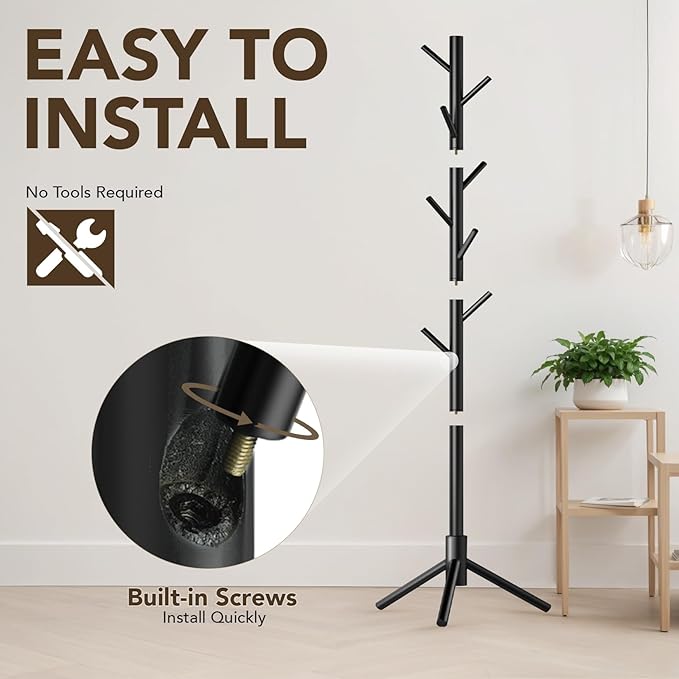 Wooden Tree Coat Rack Stand, Sturdy Freestanding Coat Rack - Image 4