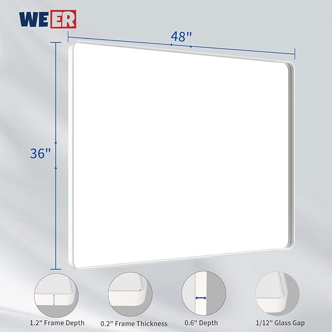 WEER White Bathroom Mirror 48X36 Inch, Rounded Rectangle White Metal Frame - Image 6