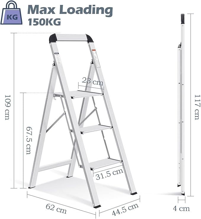 KINGRACK Aluminium 3 Step Ladder, Lightweight Step Stool - Image 4