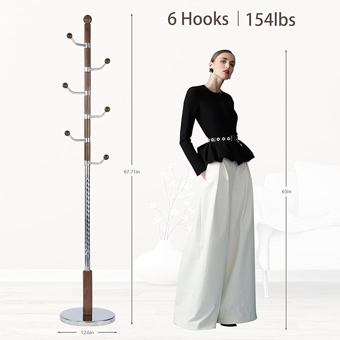 Coat Rack Freestanding, Metal Wooden Coat Tree - Image 2
