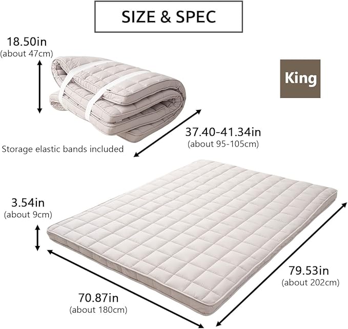 EMOOR Japanese Padded Futon Mattress Machi King Gray, Gusset Foldable Storable - Image 2