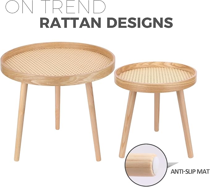 Round Coffee Table Set of 2, Natural Boho Side Table, Small Mid Century Modern - Image 4