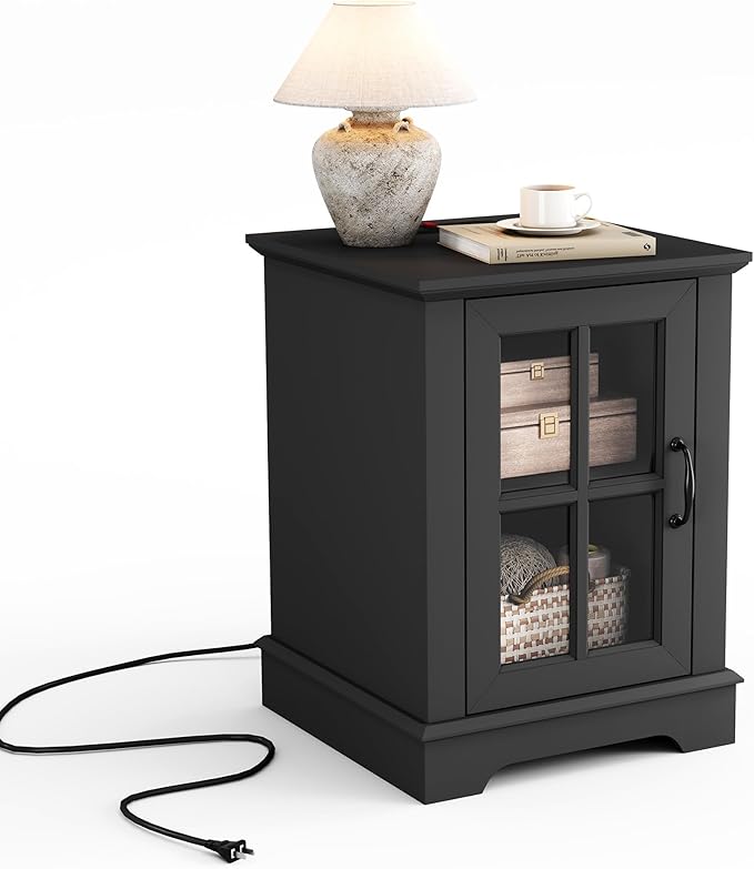 LINSY HOME End Table with Charging Station, Modern Side Table with Storage by LINSYHOME