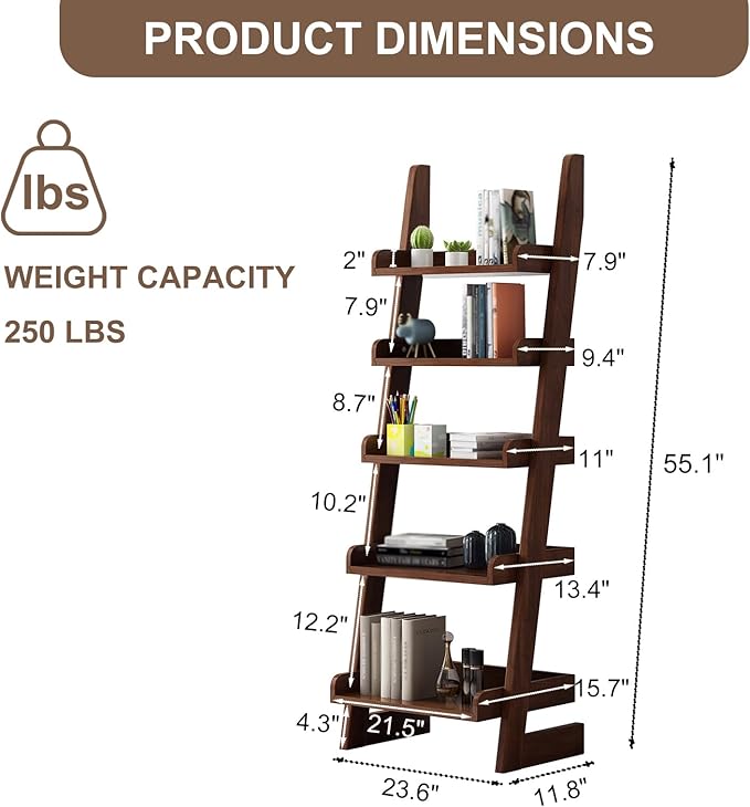 5-Tier Wooden Ladder Shelf Bookcase, H 55" Walnut Ladder Bookshelf Freestanding - Image 2
