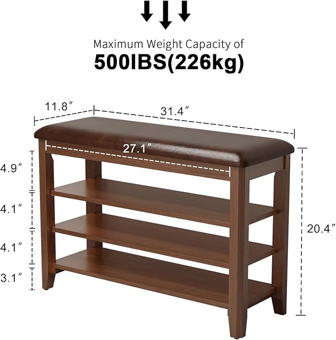 Shoe Bench with Leather Cushion, 3 Tiers Shoe Storage Bench Height Adjustable - Image 2