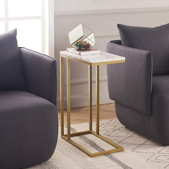 C-Shape Side End Table, Faux Marble Tray Snack Table - Image 2
