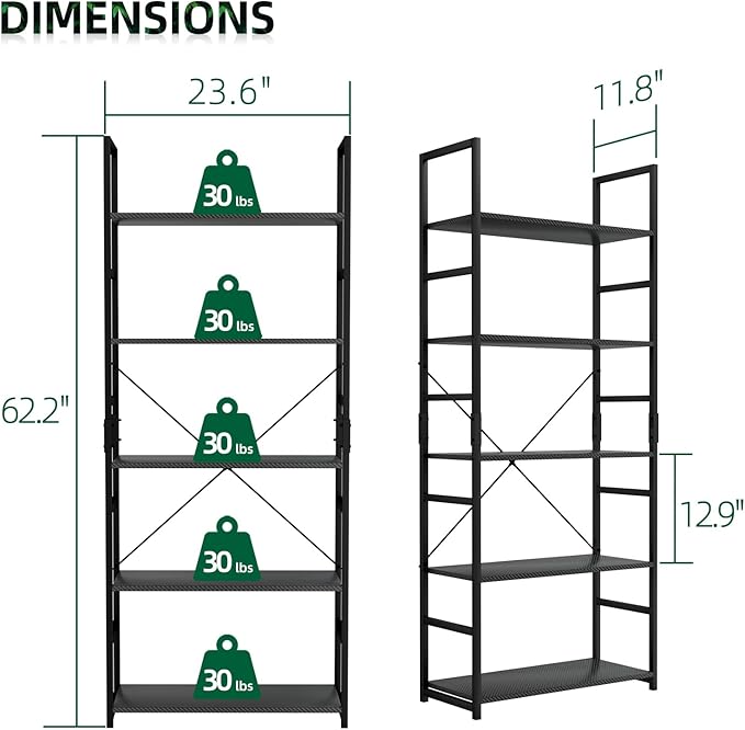 OTK 5 Tier Bookshelf, Tall Bookcase, Office Shelf Storage Organizer, Modern - Image 3