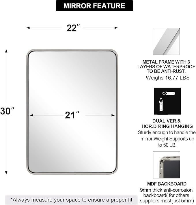 ANDY STAR Chrome Bathroom Mirror, 22x30’’ Rounded Rectangle Polished Nickel - Image 2