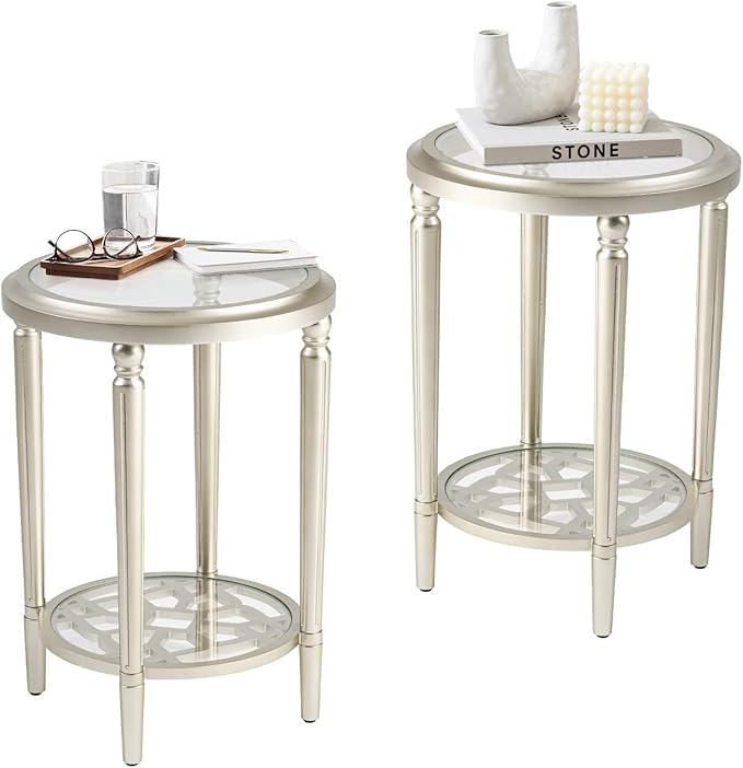 COSIEST Set of 2 Modern Round End Table, 2-Tier Glass Side Table by COSIEST