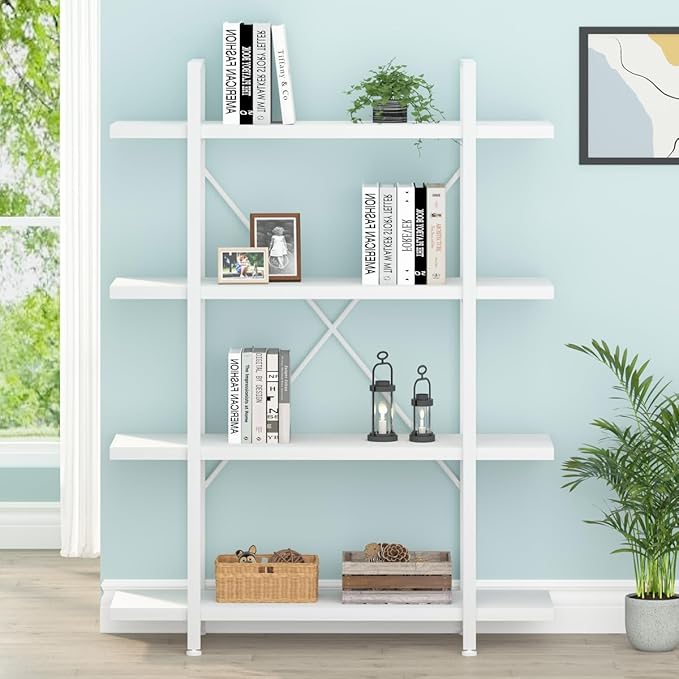 HSH 4 Tier White Bookshelf, Modern 4 Shelf Etagere Bookcase, Industrial Wood - Image 5