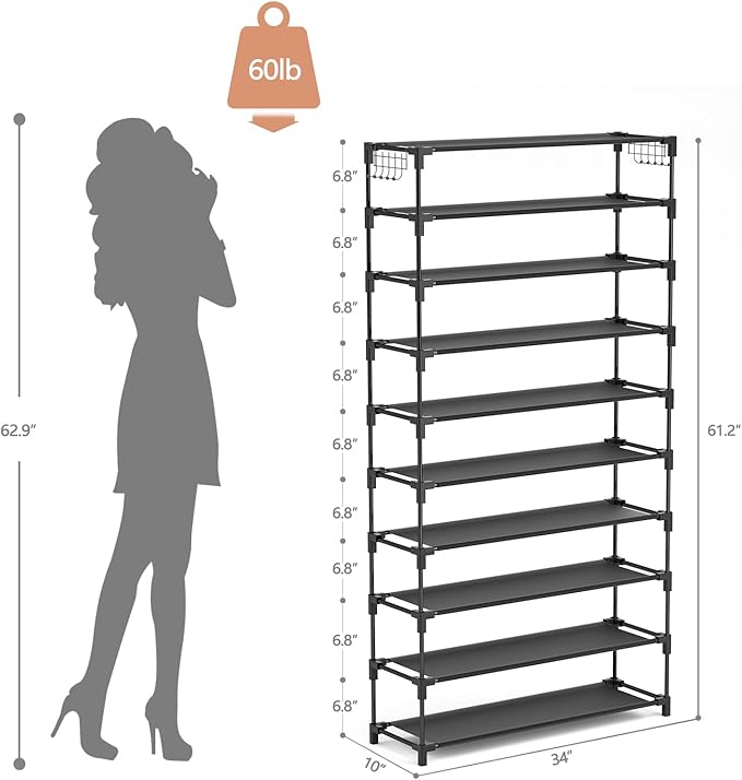 10 Tiers Shoe Rack 50 Pairs Large Capacity Tall Shoe Organizer Sturdy Shoe - Image 3