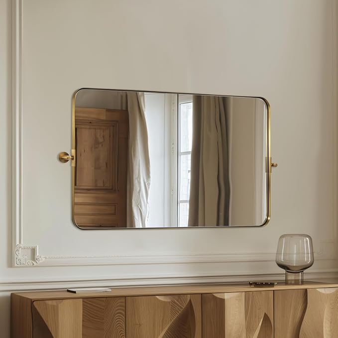 MOON MIRROR 36" x 24" Brushed Gold Rectangle Bathroom Mirror, Tilting Rounded by MOONMIRROR