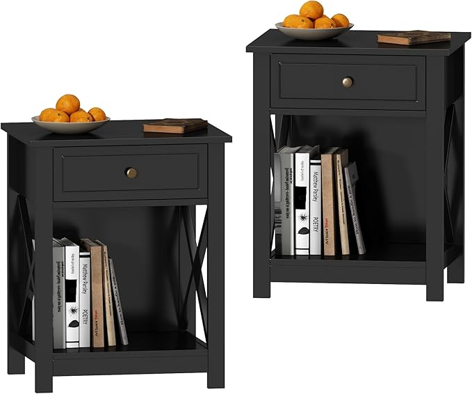 Treocho Black End Table Set of 2, Modern X-Design Night Stand, Bedside End Table by Treocho