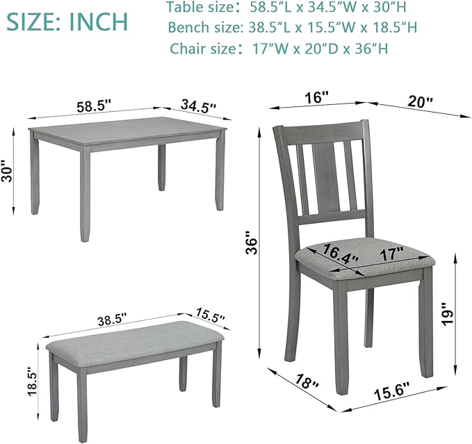 soges 6 Piece Kitchen Dining Table Set, Wooden Dining Table - Image 6