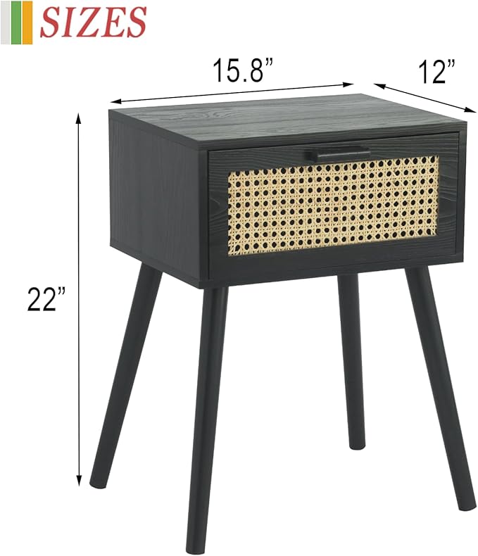 AWASEN Mid Century Modern Nightstand, Rattan Side Table - Image 2