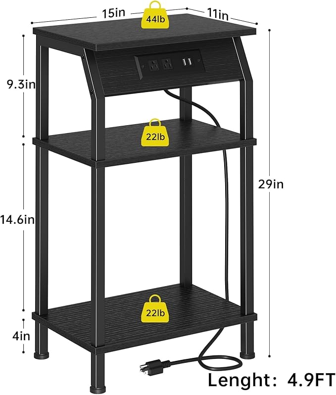 Tall End Table with Storage, 3-Tier Small Bedside Table with Charging Station - Image 3
