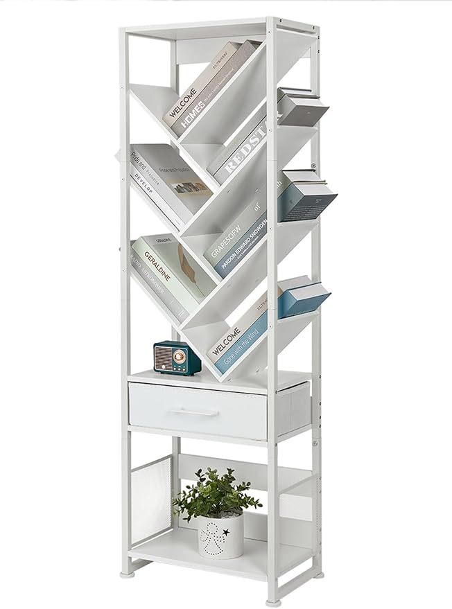 Bookshelf with Drawer, 10 Tier Tree Bookcase Retro Floor Standing Bookshelves - Image 9
