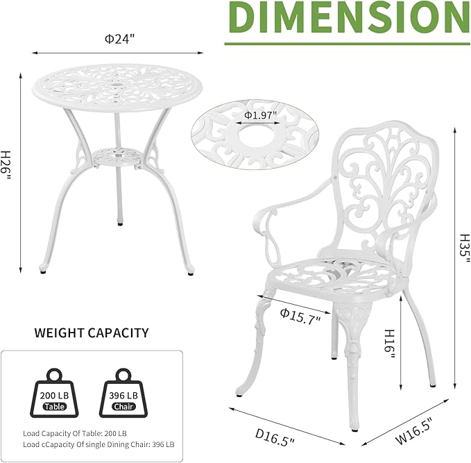 Patio Bistro Set 3 Piece Cast Aluminum Outdoor Bistro Set, Rust Resistance - Image 4