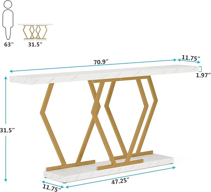 Tribesigns 70.9 Inch Extra Long Sofa Table， White and Gold Console Table - Image 2