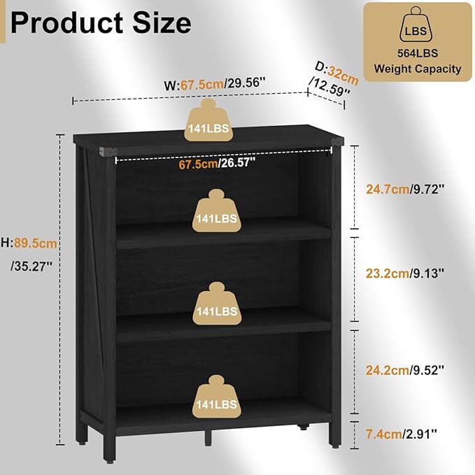 BON AUGURE Small Bookshelf, 3 Tier Black Book Shelf, Farmhouse Storage Bookcase - Image 2