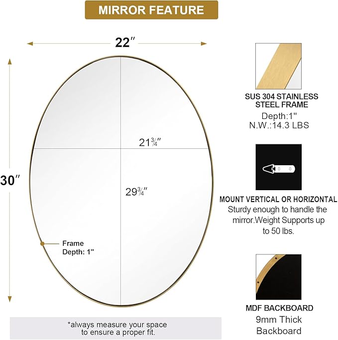ANDY STAR Gold Oval Mirrors for Bathroom, 22x30 Inch Brushed Gold Stainless - Image 2