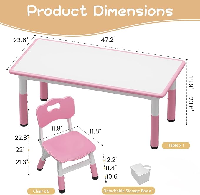 GarveeHome Kids Table and 6 Chairs Set, Height Adjustable Toddler Table and - Image 3